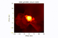 Radiative transfer time lapse at 10um of Co5bold-simulated AGB star with dust within a 30 au cube